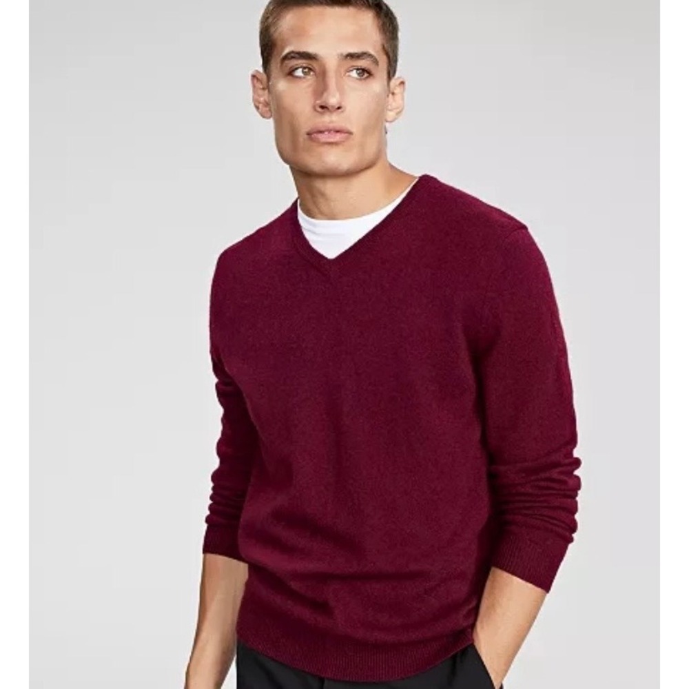 Club Room Mens 100% Fine Cashmere V-Neck Sweater Burgundy red XL